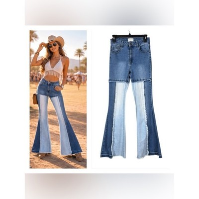 Uniq Womens Patchwork Flare Bell Bottom Jeans Size 27 Hippie Bohemian Coachella