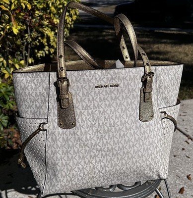 Michael Kors Voyager Cream & Gold Signature Tote Bag with Laser Cut Star Detail