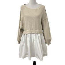 Zoco Womens Sweater Dress Sz Small Beige White 3/4 Ballon Sleeve Lined Pockets