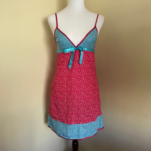 2000s Y2K Pink Blue Floral Cotton Satin Trim Babydoll Mini Dress Size XS 6 8