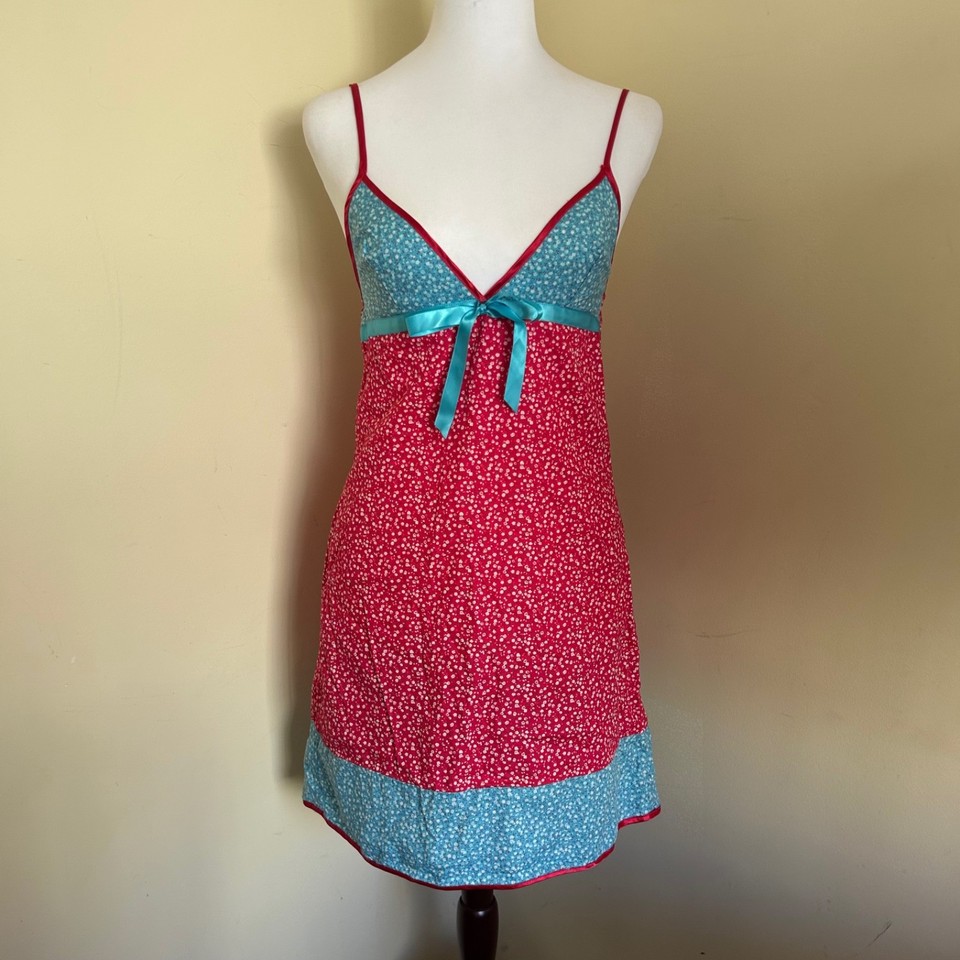 2000s Y2K Pink Blue Floral Cotton Satin Trim Babydoll Mini Dress Size XS 6 8