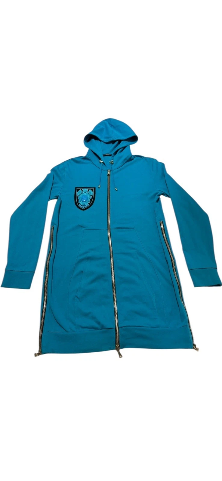 Balmain — Balmain Embellished-patch Long Zip-front Hoodie Turquoise XL Retails for $1000+