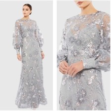 Mac Duggal Size 18 Gray Embellished Illusion Long Sleeve Formal Gown Dress67936