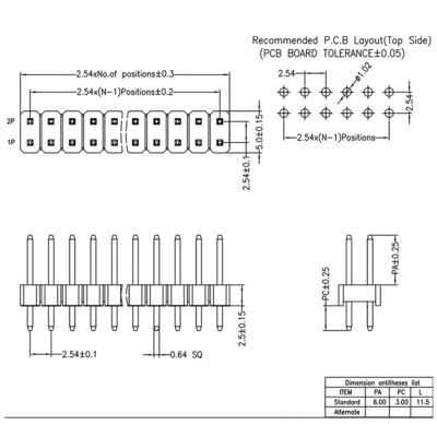 Male Straight Double Row Pin Header Strip 2.54mm Pitch 2P/3/4/5/6