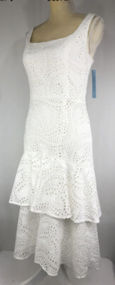 Antonio Melani Dress Flare 0 Midi Sleeveless Cotton Eyelet Modest White $229