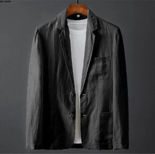Herren Lässig Reines Leinen Anzug Slim Fit Leinen Sakko Zwei Knopf Anzug Blazer Mantel - Bild 11 von 17