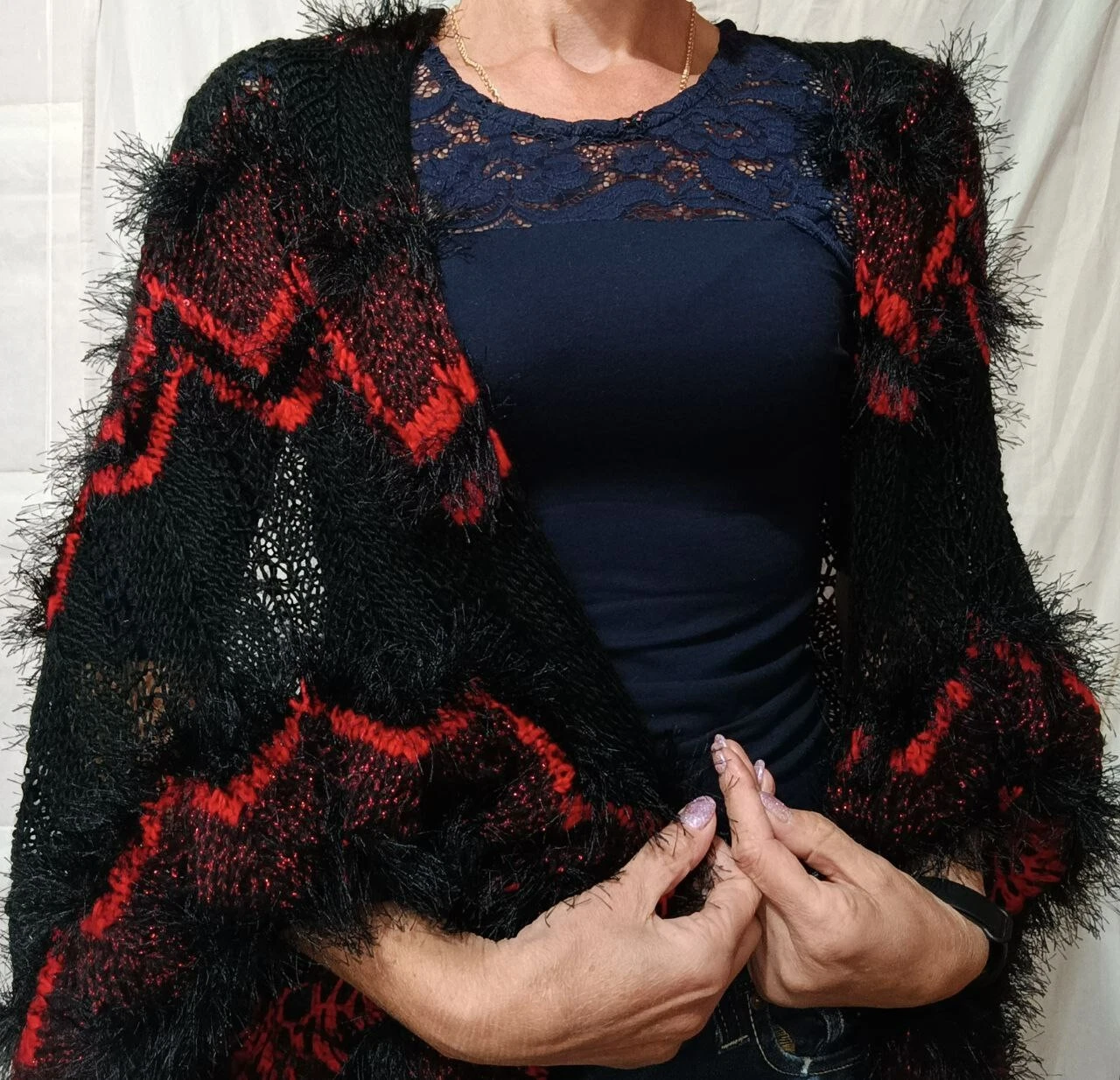 Handmade Black Red Mohair Poncho Shawl Gothic Boho Wrap