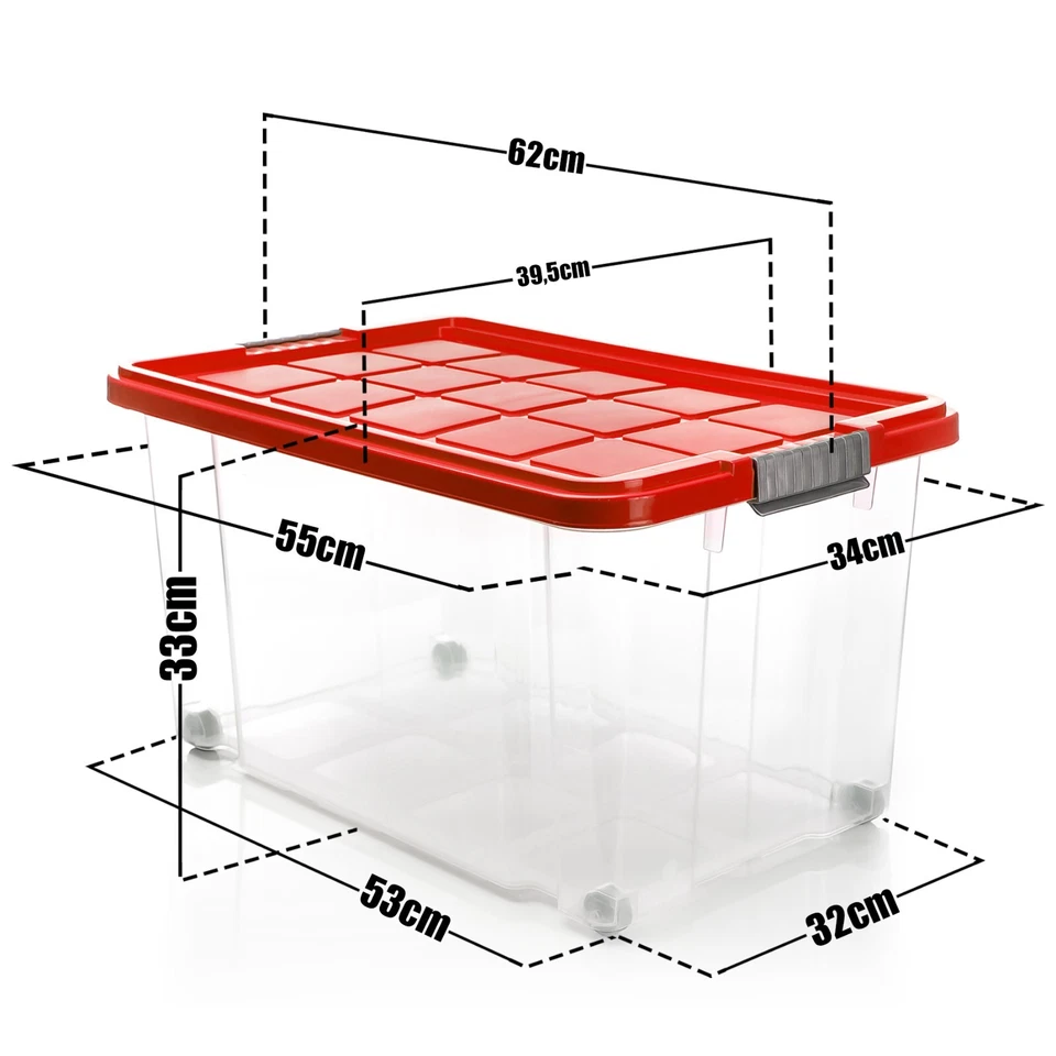 4x 60 L Aufbewahrungsbox mit Deckel Stapelbox groß rot stapelbare rollbare Box - Bild 3 von 4