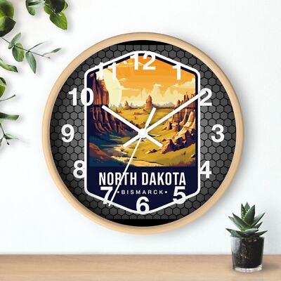  State Of North Dakota Skyline Art Wall Clock With Wood 3D Frame Colorful art