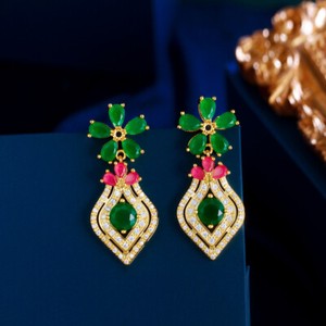 Authentic Gold Plated Green Cubic Zirconia Flower Long Drop Earrings Women Costume Jewelry