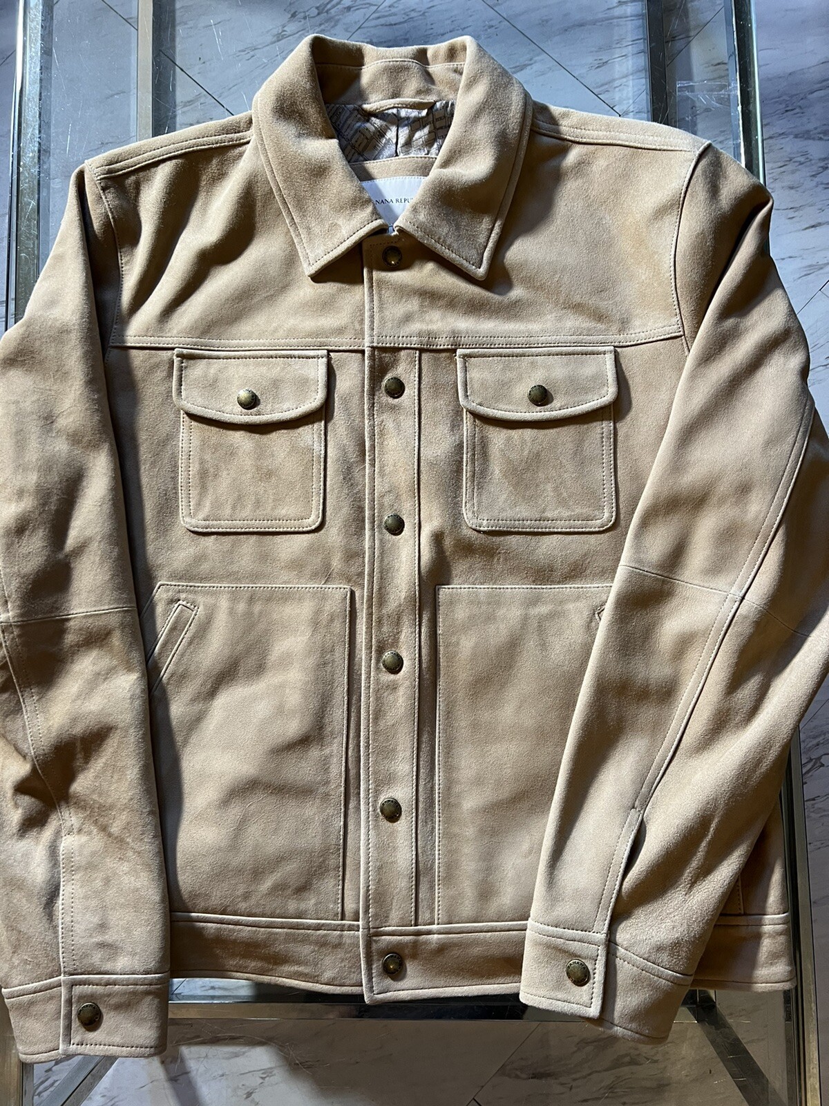 New Banana Republic Suede Leather Trucker Jacket Size Medium Beige $550 image 2