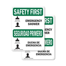 (2 Pack) Emergency Shower Bilingual OSHA Safety First Sign Decal Metal Plastic