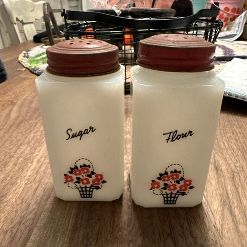 Vintage McKee Tipp City Milk Glass Flower Basket Design Shakers