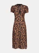 French Women Floral Print 100% Silk Deep V Neck Short Sleeve Slim Mid Long Dress