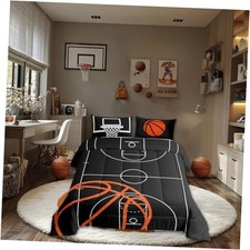 Basketball Court Print Bedding Set for Boys Girls,Ball Full Gray Orange White