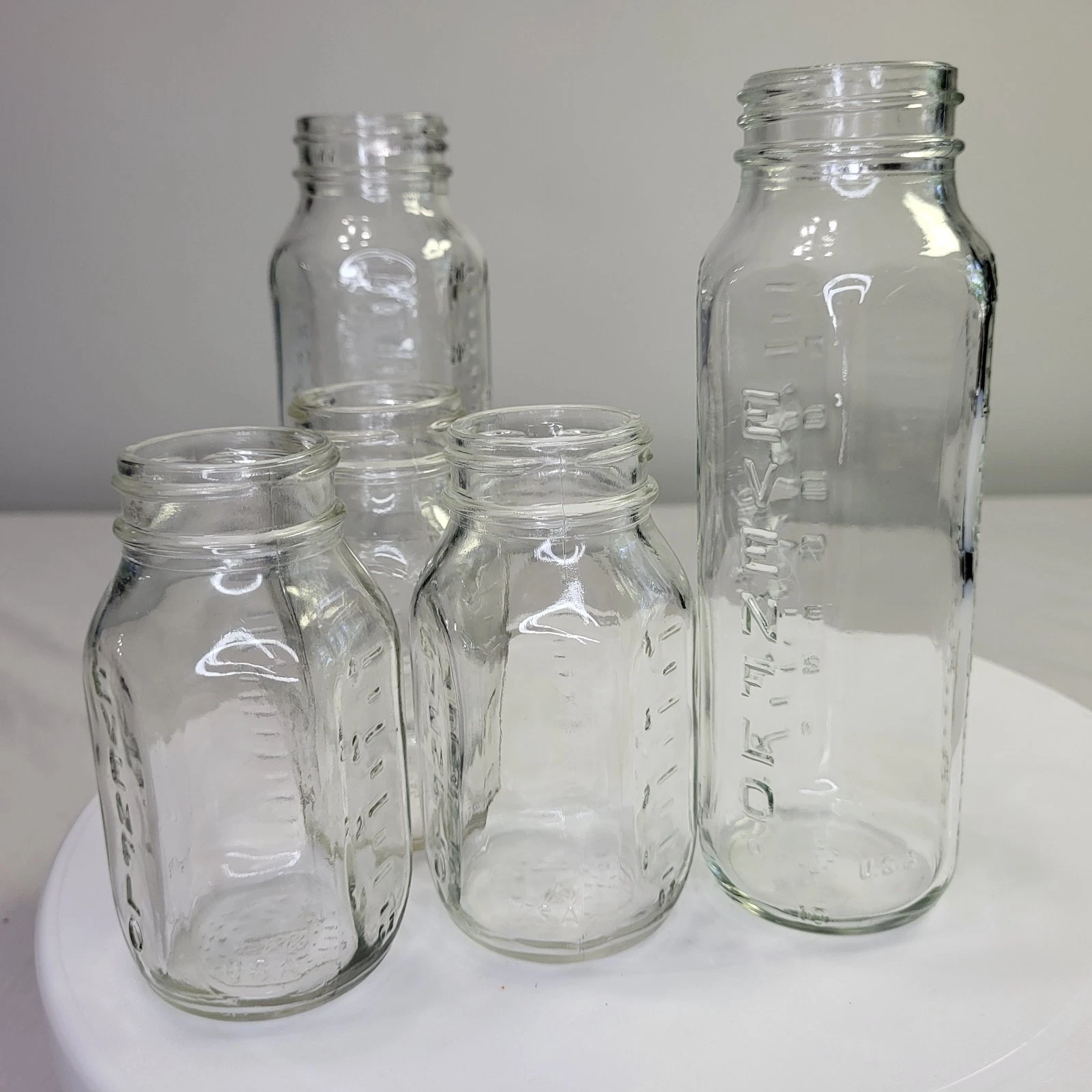Vintage Evenflo Glass Baby Bottles Set of 5 4oz & 8oz Clear Embossed USA MCM