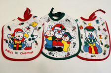 Vintage Christmas Baby Bib Set of 3 with Santa Animals 100 Cotton Cute BIN N