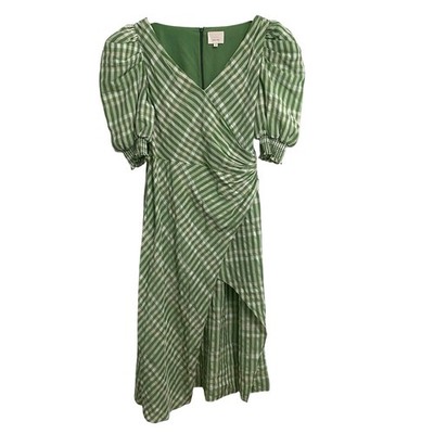 Cinq à Sept Midi Dress Womens Green Gingham Puff Sleeve Wedding Guest Plus Sz 14