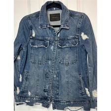 BLANKNYC Distressed Denim Jacket XS Blue Frayed Hem Oversized Trucker