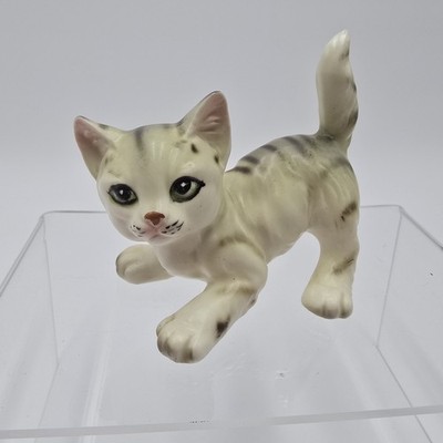   MCM Ceramic Tabby Cat Figurine Gray Kitty Playful Striped Old Sweet Gift Vtg