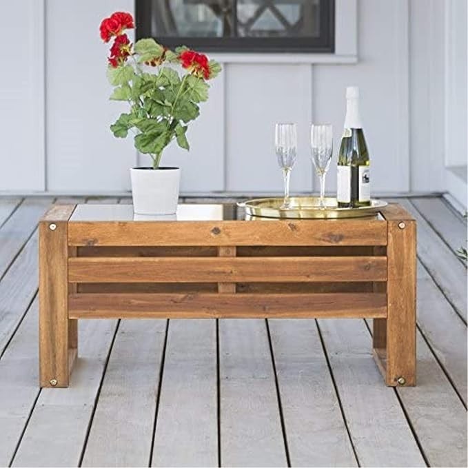 New In Box Walker Edison Brown Outdoor Glass Top Patio Coffee Table $149 FLF2