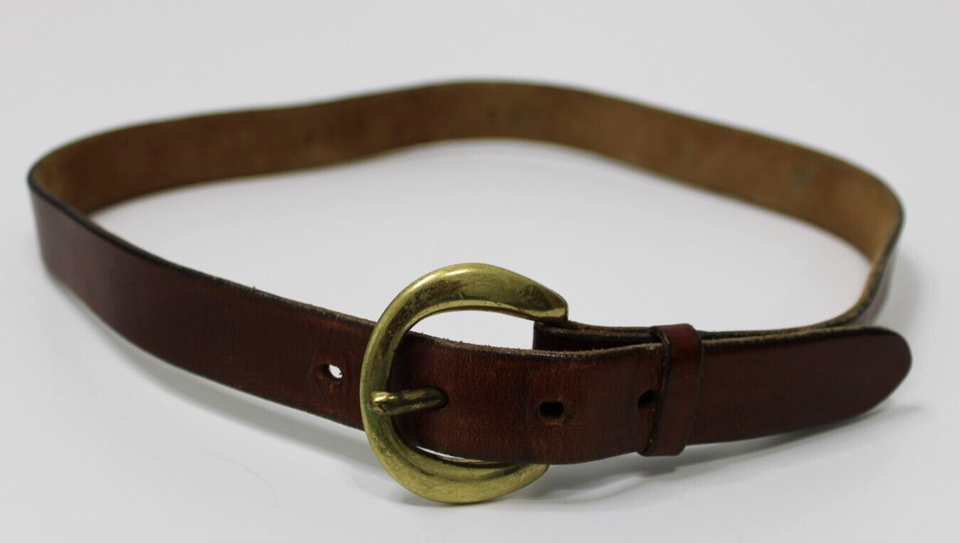 Vintage 70s Brass Buckle Brown Leather Belt 7/8" Wide Unisex Anchor