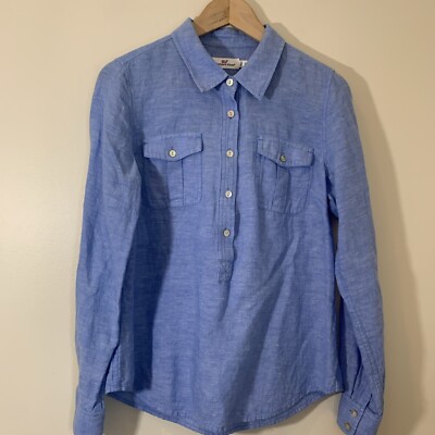 Vineyard Vines Top Womens 8 Blue Linen Blend Roll Tab Lightweight Coastal Beach