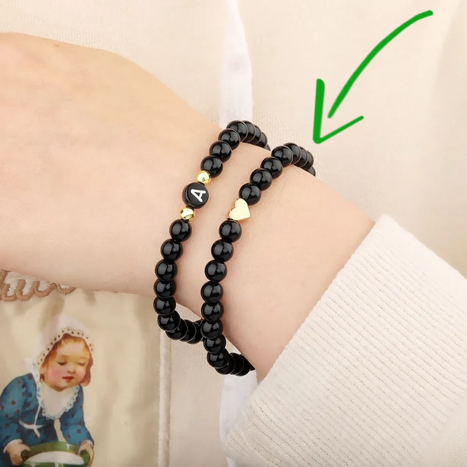 Bracciale CUORE Argento / Oro con Perle Nero 6mm da Donna braccialetto elastico - Immagine 4 di 4