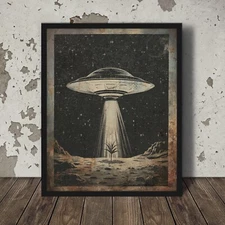 Vintage UFO ALIEN Tree Of Life Wall Art, Retro Sci-fi Plant Tree Nature Poster