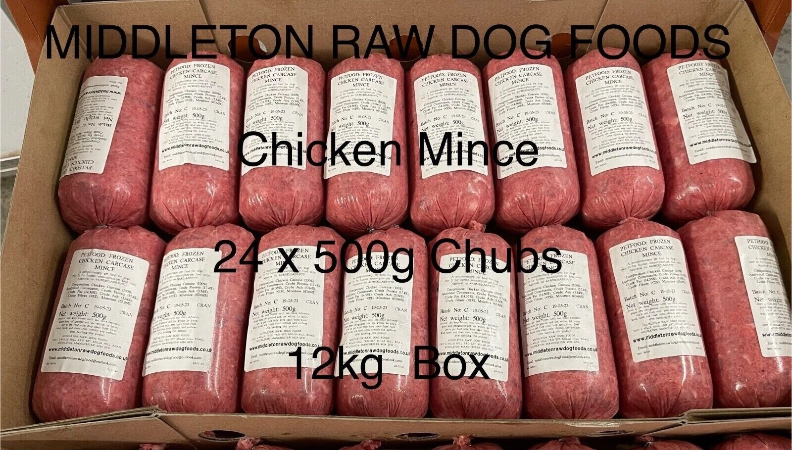 Frozen Dog Food Chicken Mince 24x 500g Chub 12 kg box. BARF RAW(VALUE 12KG BOX)
Opens in a new windo