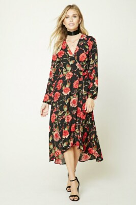 Forever 21 Black Red Wrap Maxi Contemporary Floral Print Dress