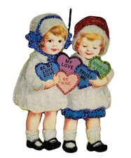 GIRLS w ARMS FULL of CONVERSATION HEARTS VALENTINE Glitter ORNAMENT Vtg Img