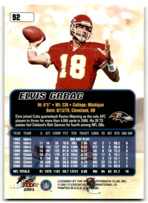 2001 Fleer Ultra Elvis Grbac Kansas City Chiefs #92 | eBay