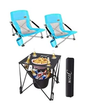 Nice C 2 Pack Blue Beach Chair + 1 Pack Folding Table with Cooler
