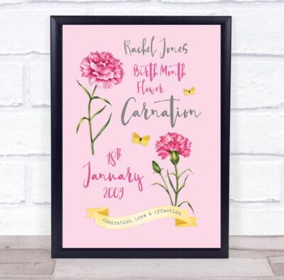 Rosa Nelke Januar Geburtstag Blume gelb Schmetterlinge personalisierter Druck