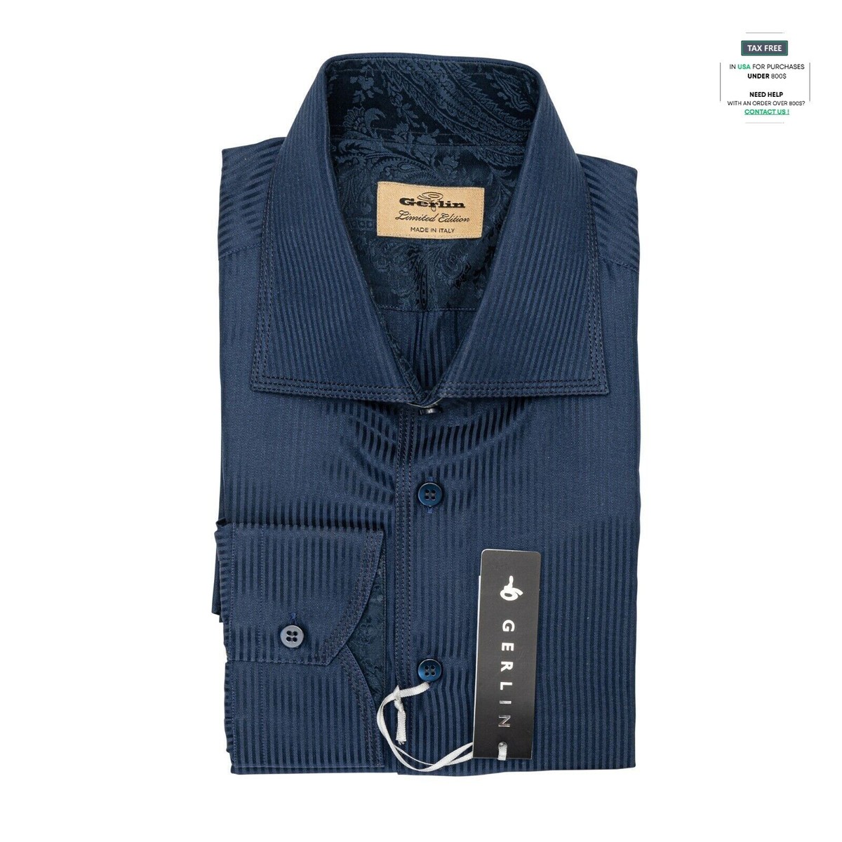 ITALIAN LUXURY 950$ GERLIN Shirt Blue Striped Cotton & Silk