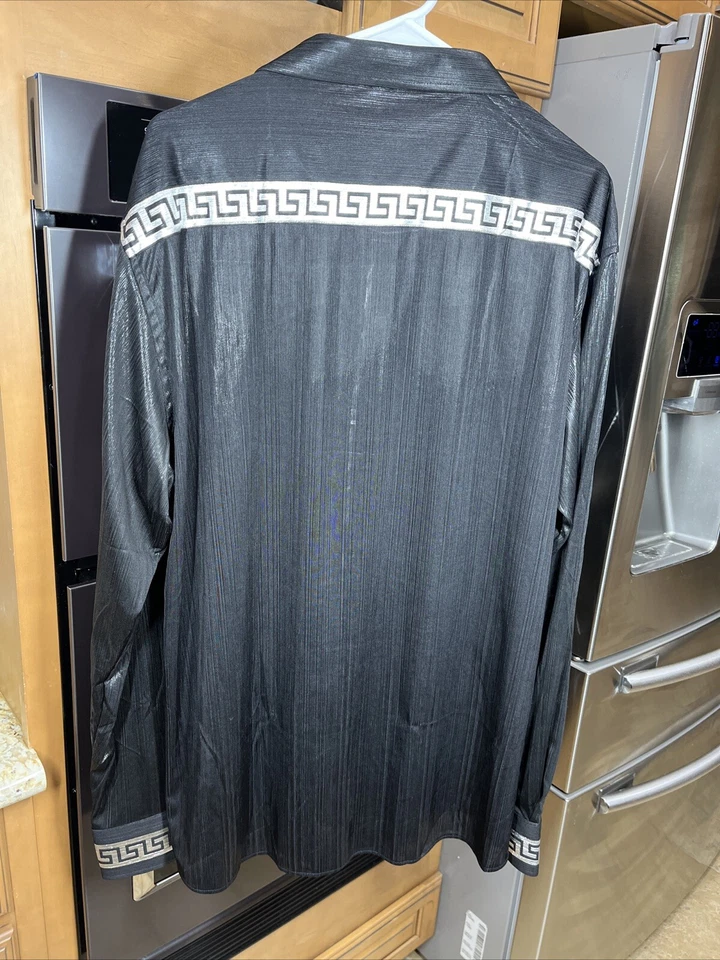 Camisa BARABAS Para Hombre Ver a Través Negra Plateada Azteca Manga Larga Con Botones 4XL Foto 4 de 4