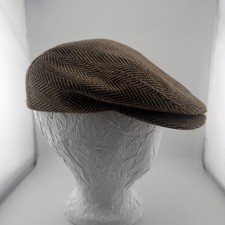 Vintage Mens Brown Herringbone Wool Newsboy Cap Flat Ivy Hat Made in USA Medium