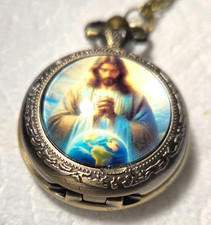CHRISTIAN JESUS NECKLACE PENDANT POCKET WATCH RELIGOUS 80cm CHAIN
