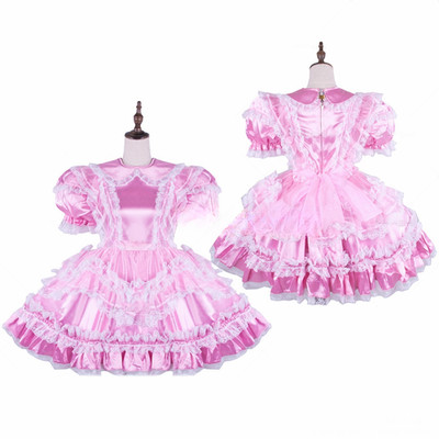 French Maid Girl Sissy Pink satin Lockable Dress Cosplay Costumes Tailor-made