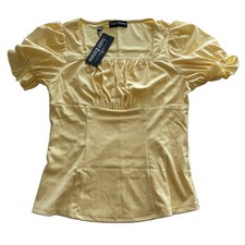 Scarlets Darkness Victorian Pleated Ruched Slim Fit Short Sleeve Tops Yellow L