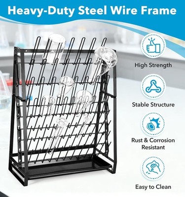 Lab Drying Rack Draining Rack for Glassware and Bottles Clean Dry Black Steel US