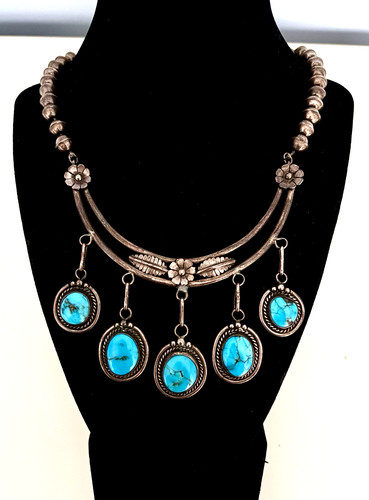 Native American Turquoise Drop Necklace Navajo Collar Vintage Old Pawn Silver