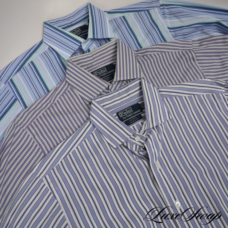 LOT X3 Polo Ralph Lauren Blue Green Purple Multi Dynamic Striped Shirt 15.5 NR