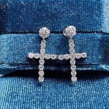 2Ct Round Cut Real Moissanite Women's Cross Stud Earring 14K White Gold Plated
