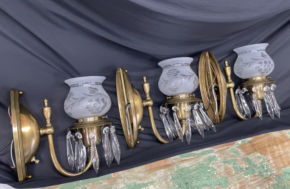 Juego 3 Apliques de Pared de Cristal Antiguos RESTAURADOS De Colección Victoriano Art Deco Par de Latón +1 Foto 4 de 4