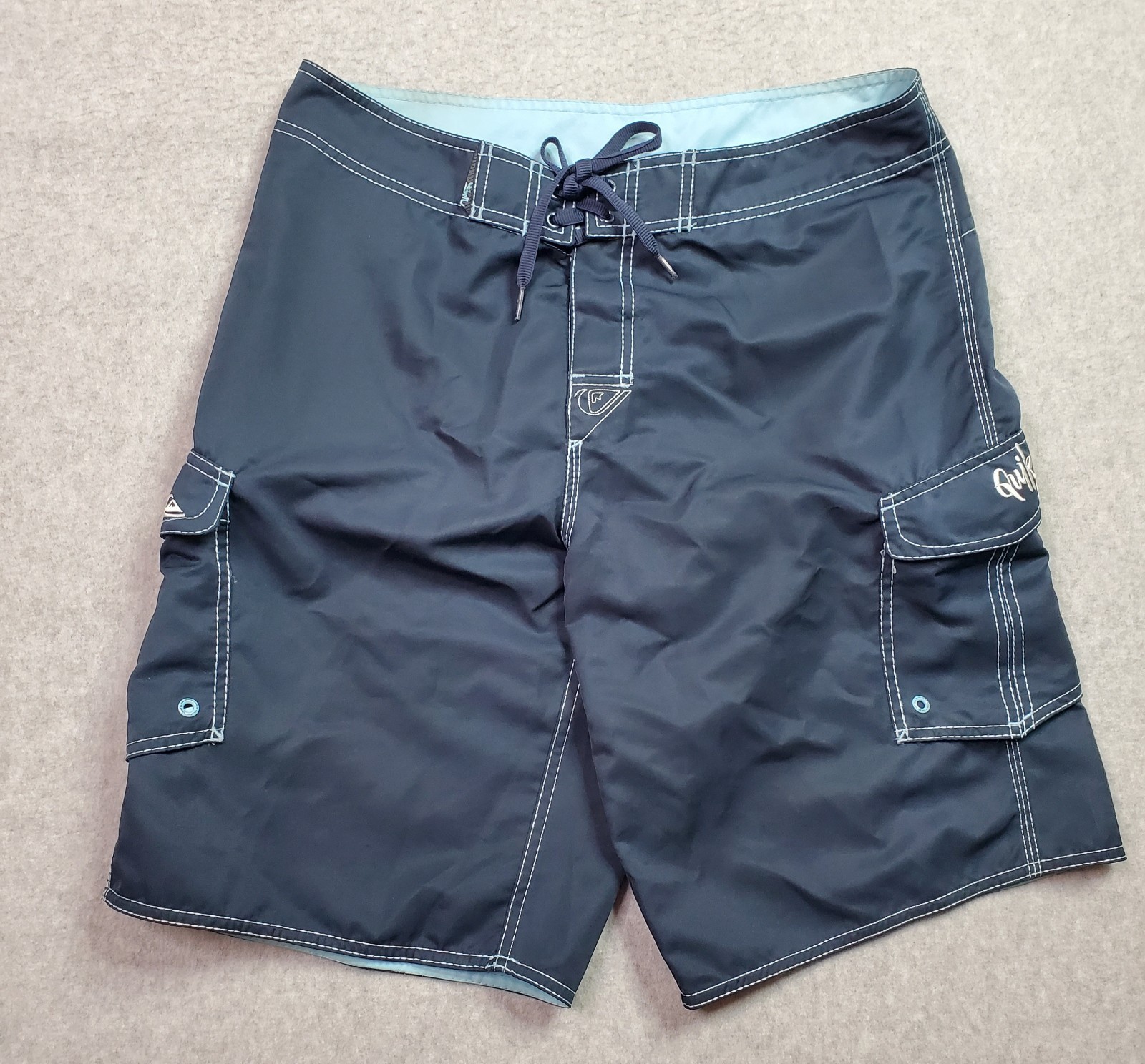 Vintage Quiksilver Board Shorts Men's Sz 33  Navy Blue Swim Y2K 90s Embroidered