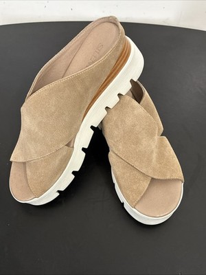 Silent D Racket Wedge Platform Suede Sandal Women Sz 38 Beige/Tan Slide EUC