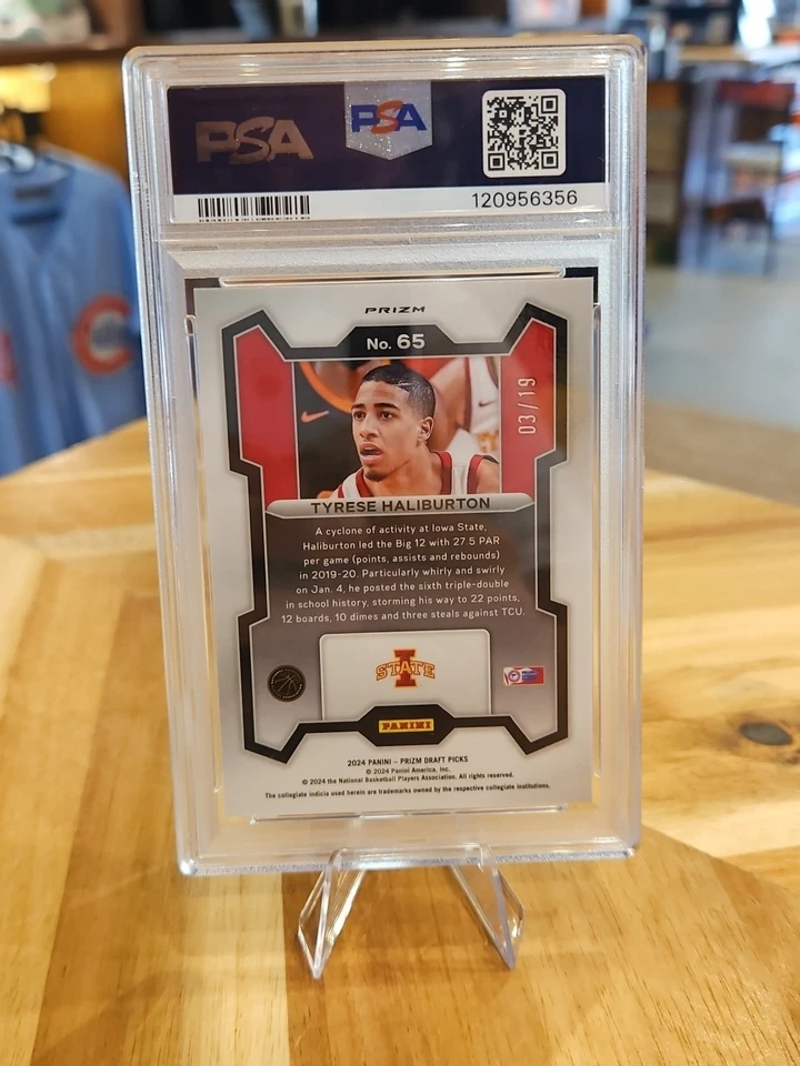 2024 Prizm Draft Blue Shimmer FOTL #65 Tyrese Haliburton /19 PSA 10 Gem POP 3 - Image 4 of 4