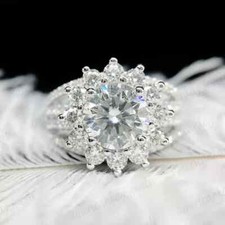 2.64 TCW Round Moissanite Halo Flower Engagement Ring 14K White Gold Plated